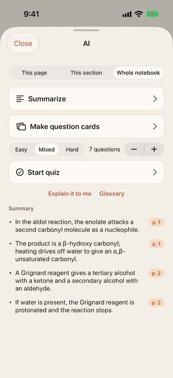 The AI panel: this page, this section and whole notebook options; Summarize, Generate question cards and Start quiz; a page number next to each summary point.