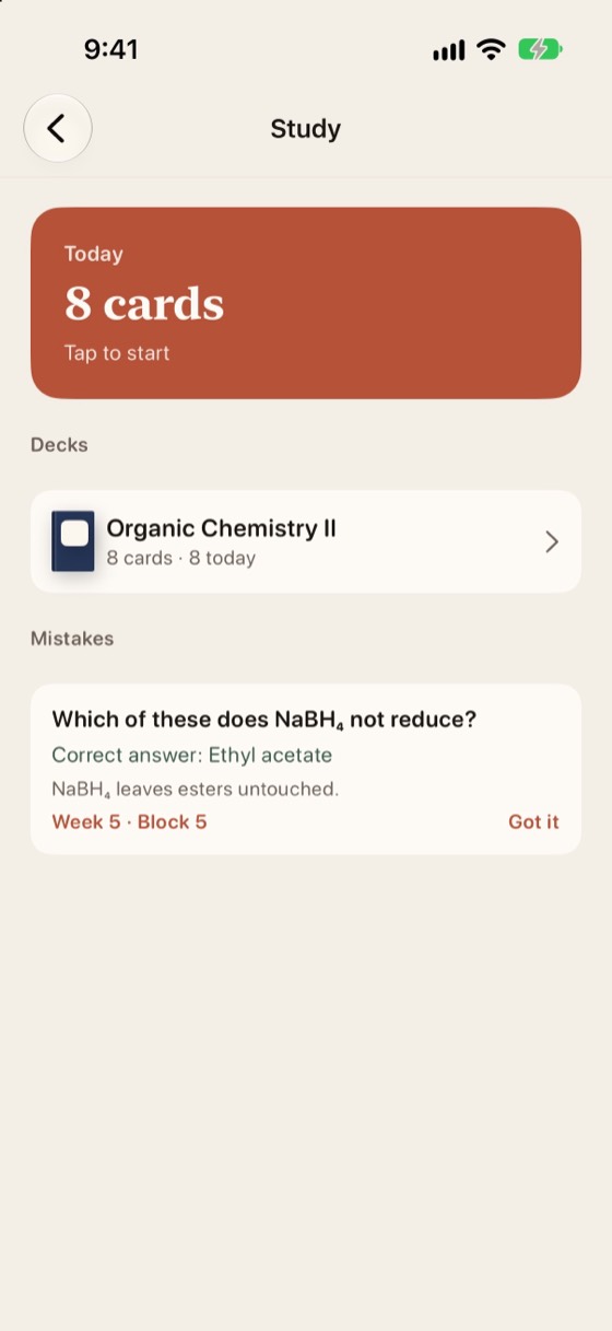 The Study screen: cards due today, decks and a mistakes list that collects wrong answers.