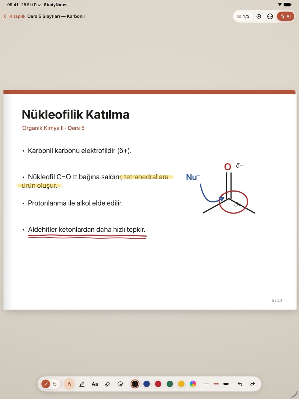 iPad'de bir ders PDF'inin sayfası; kalemle altı çizilmiş ve fosforlu kalemle işaretlenmiş satırlar.